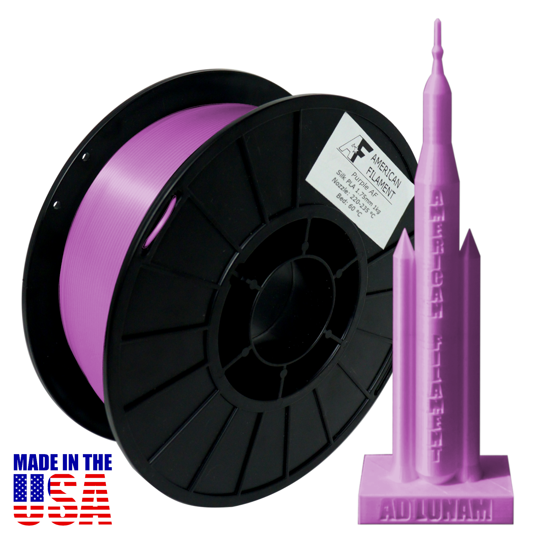 Purple AF Silk PLA 3D Printer Filament, 1.75 mm Diameter, 1 kg Spool.