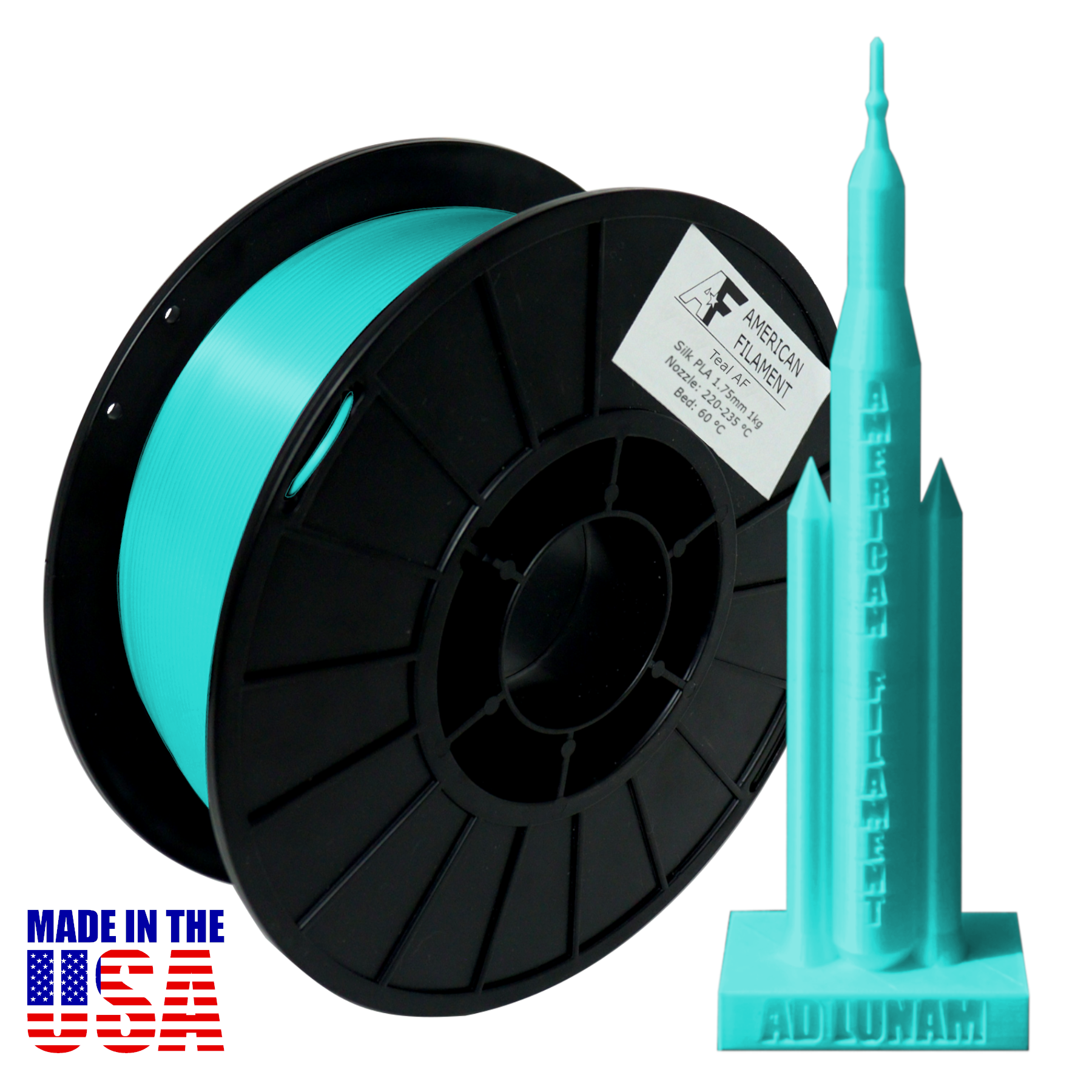Teal AF Silk PLA 3D Printer Filament, 1.75 mm Diameter, 1 kg Spool.