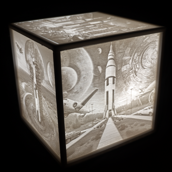 4-3/4" Saturn V Lithophane Cube printed in Classic Lithophane White AF