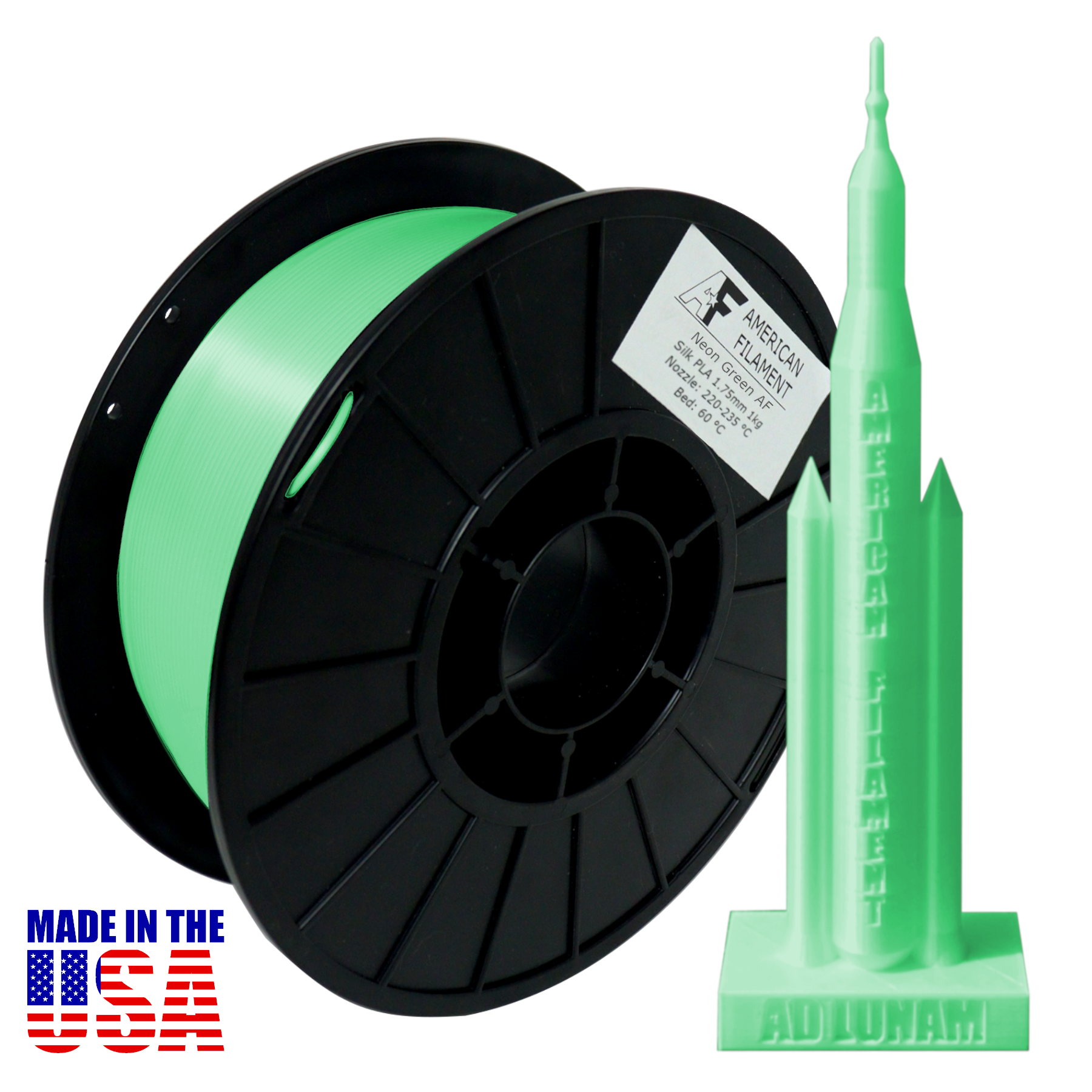 Neon Green AF Silk PLA 3D Printer Filament, 1.75 mm Diameter, 1 kg Spool.