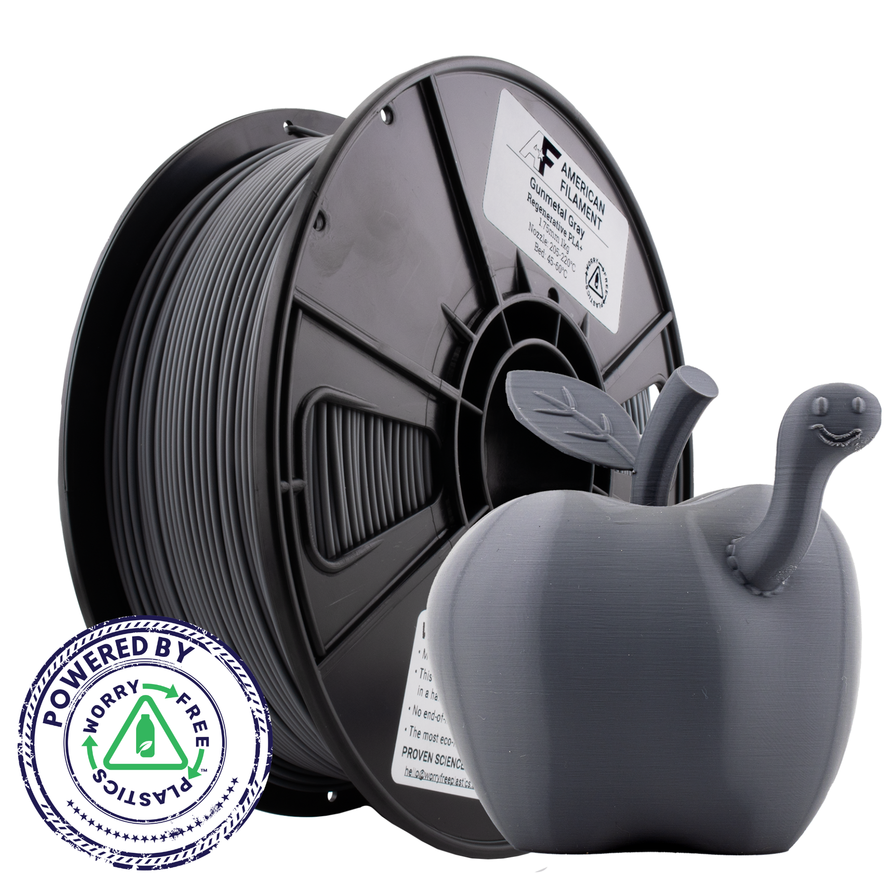 Spool of filament and a 3D printed object with a 'Powered by Worry Free Plastics' badge on a white background