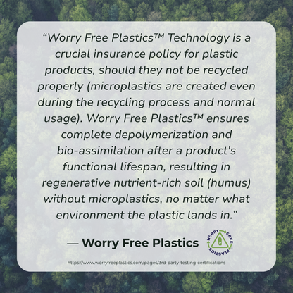 Text about Worry Free Plastics Technology with a forest background